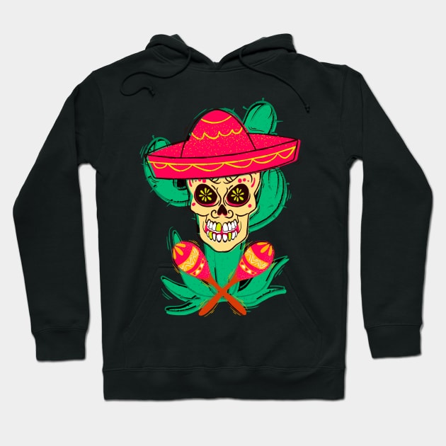 Mexican sugar skull with hat and maracas. Hoodie by Rebeldía Pura